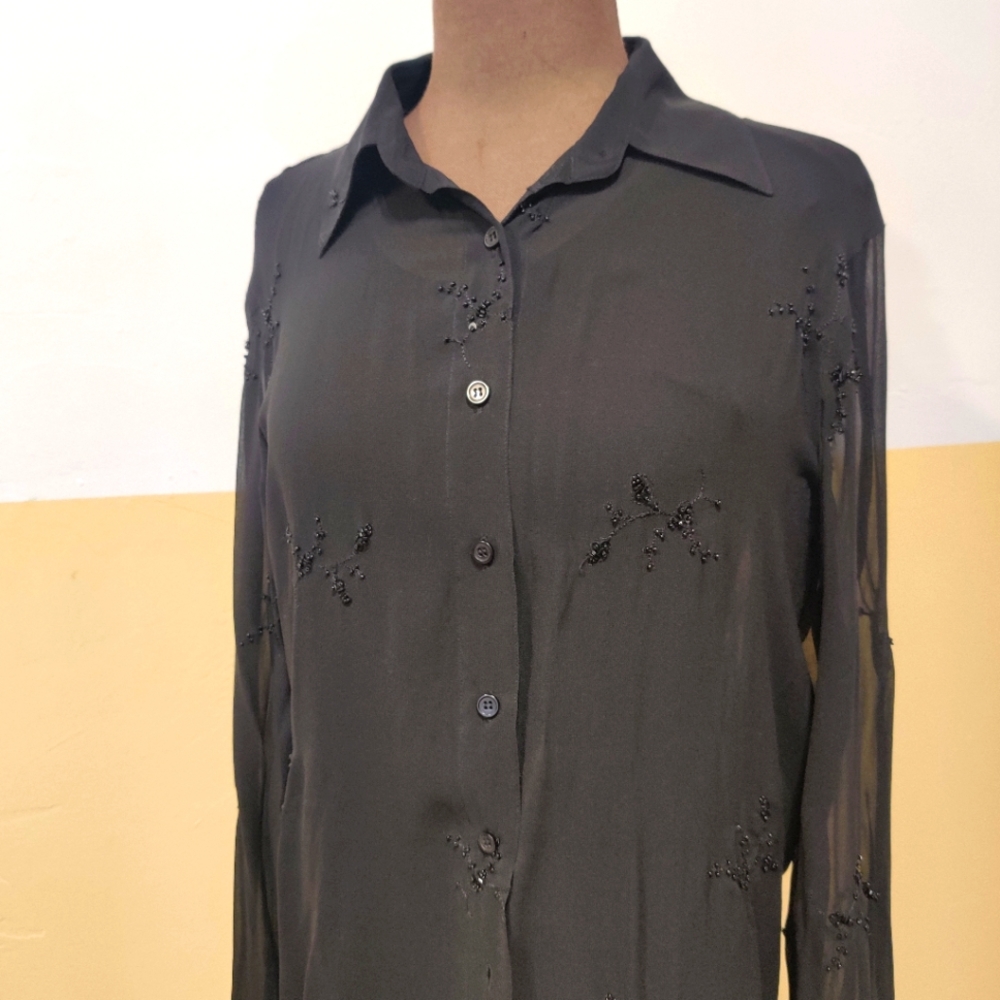 SILK Club Sheer Long sleeve black Button Down Shirt M